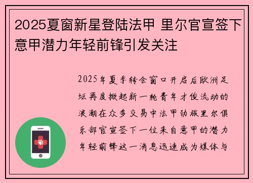 2025夏窗新星登陆法甲 里尔官宣签下意甲潜力年轻前锋引发关注