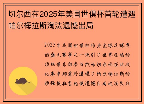 切尔西在2025年美国世俱杯首轮遭遇帕尔梅拉斯淘汰遗憾出局
